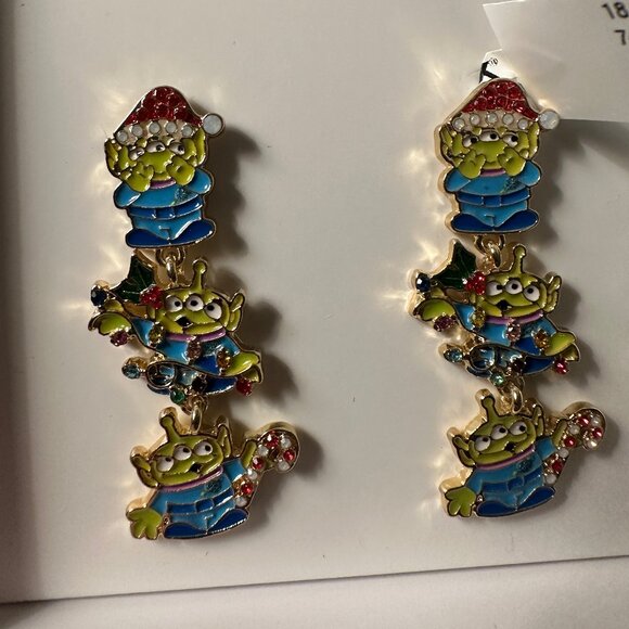 Pixar BAUBLEBAR Dangle Aliens Candy Cane/Holly Jewelry Holiday Earrings NIB - Picture 1 of 3